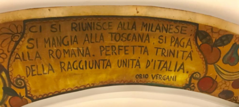 La scritta di O. Vergani, uno dei più noti e assidui frequentatori della trattoria Bagutta